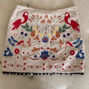 Altar'd State Cream Embroidered Mini Skirt with Red Birds